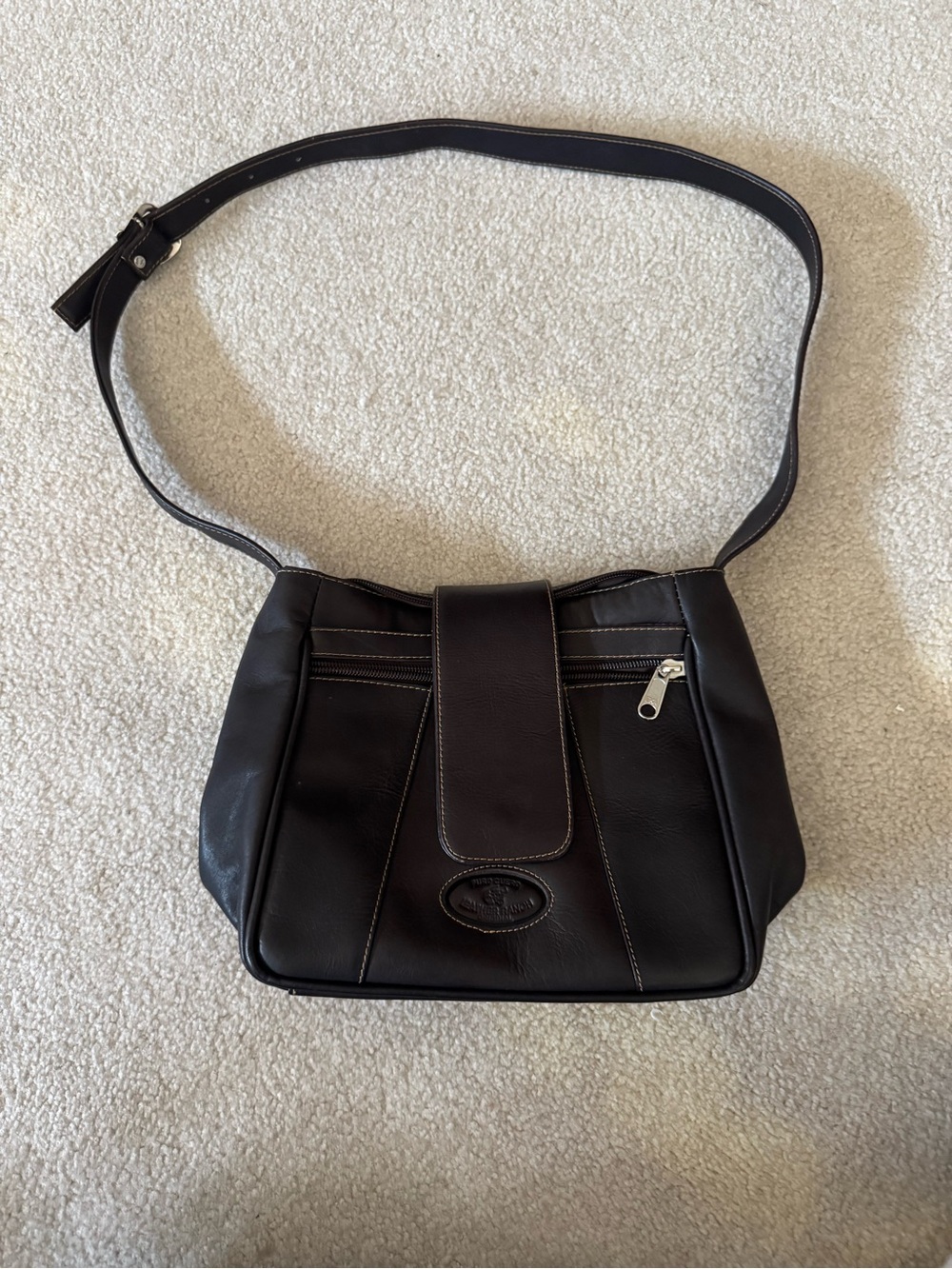 Everyday Black Genuine Leather Shoulder Bag with Front Zip Detail